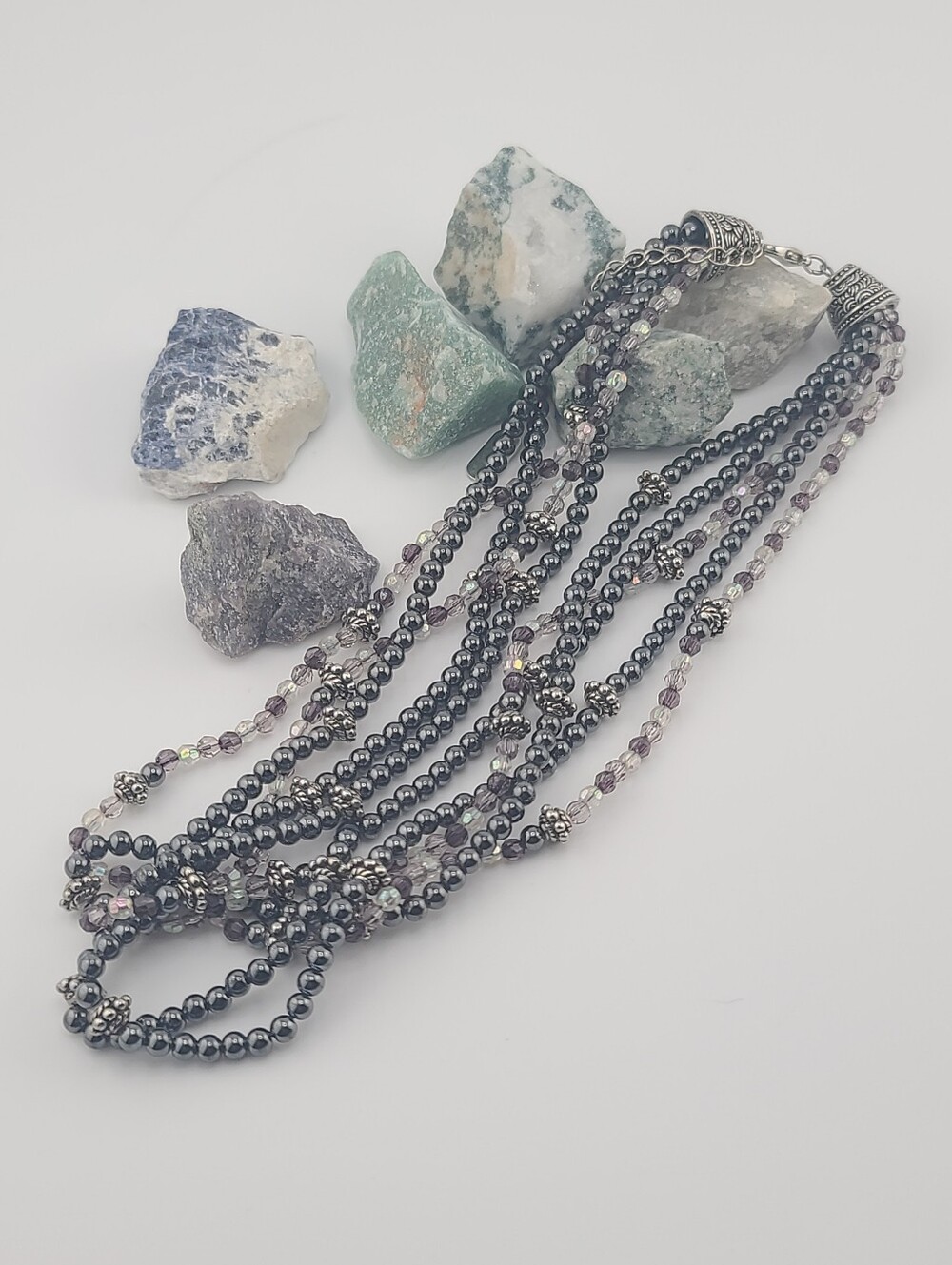 $88 KISSAKA Multi-Strand Gray Glass Pearl & AB Crystal Statement Necklace!